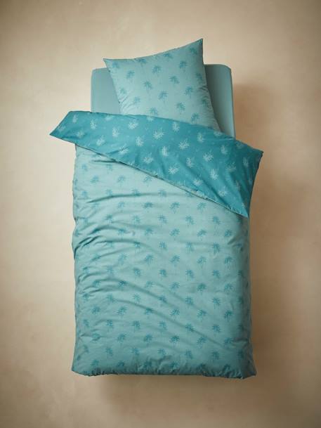 Parure de fourre de duvet + taie d'oreiller enfant PALMIERS bleu vert+terracotta 