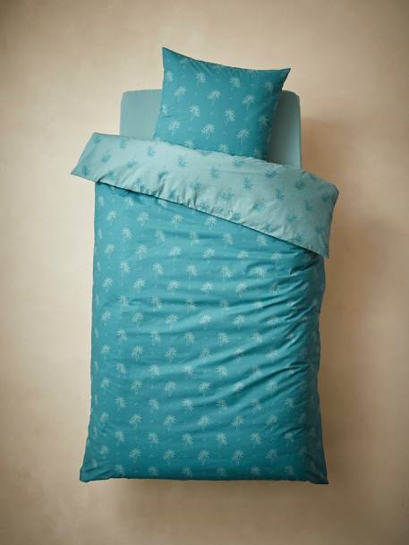 Parure de fourre de duvet + taie d'oreiller enfant PALMIERS bleu vert+terracotta 