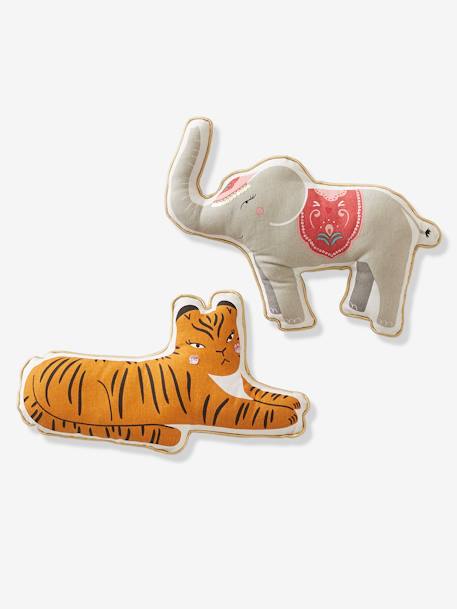 2er-Pack Kinder Kissen INDIA, Tiere grau elefant+senfgelb tiger 