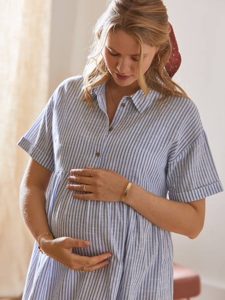Blusenkleid für Schwangerschaft & Stillzeit blau/weiss gestreift+karamell 