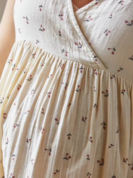 Kurzes Baumwollkleid für Schwangerschaft und Stillzeit beige bedruckt+rosa 