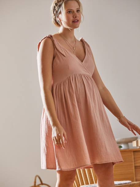 Robe courte gaze de coton grossesse et allaitement rose 