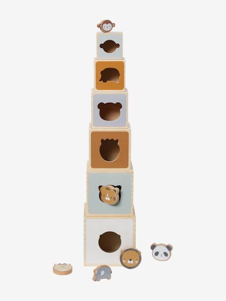 Tour de cubes avec formes à encastrer en bois FSC® beige+Croque la vie+vert 
