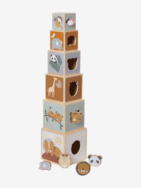 Baby Stapelturm mit Steckspiel aus Holz FSC® beige+grün+rot 