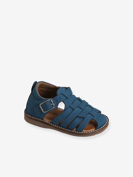 Sandales en cuir bébé mixte bout fermé bleu marocain+Camel 