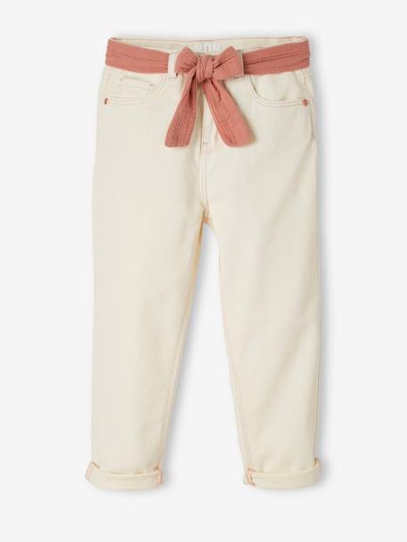 Pantalon Mom et sa ceinture en gaze de coton fille ivoire+moutarde+pêche+rose+rouge+vert émeraude 