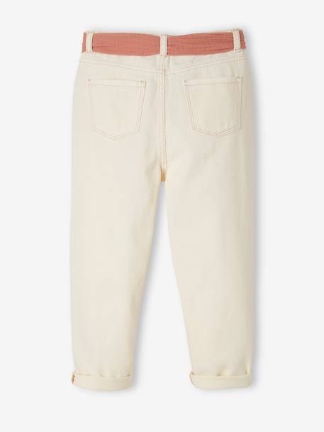 Pantalon Mom et sa ceinture en gaze de coton fille ivoire+moutarde+pêche+rose+rouge+vert émeraude 