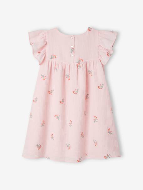 Robe brodée fleurs en gaze de coton fille rose 