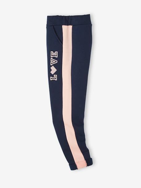 Pantalon de sport fille en molleton bandes côtés marine+PRUNE - 19-2024 TCX+rose 