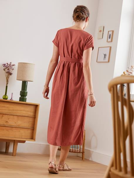 Robe longue cache-coeur lin et coton grossesse et allaitement rouge 