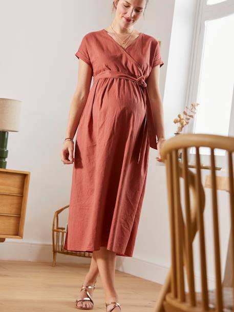 Robe longue cache-coeur lin et coton grossesse et allaitement rouge 