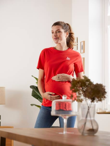 T-shirt à message grossesse et allaitement en coton bio rouge 