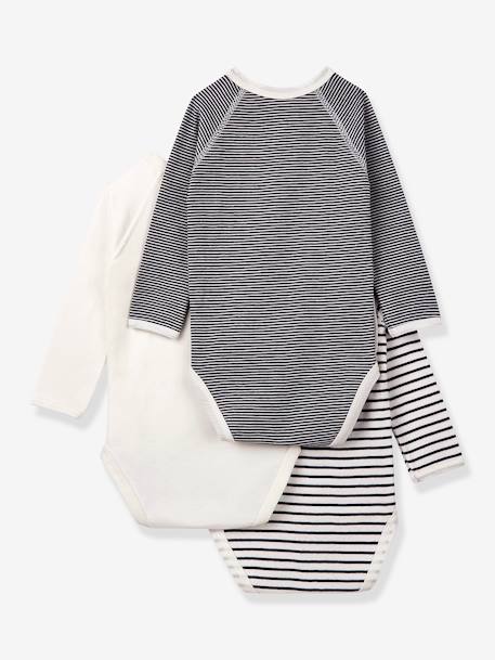 Lot de 3 bodies croisés manches longues rayés bébé naissance en coton bio PETIT BATEAU marine 