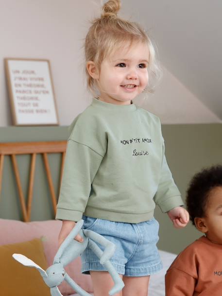 Baby Sweatshirt, personalisierbar ecru+graugrün 