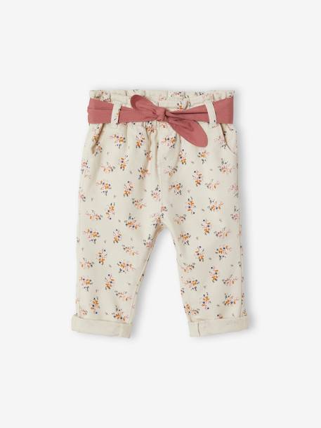 Pantalon paperbag bébé avec ceinture beige clair imprimé 