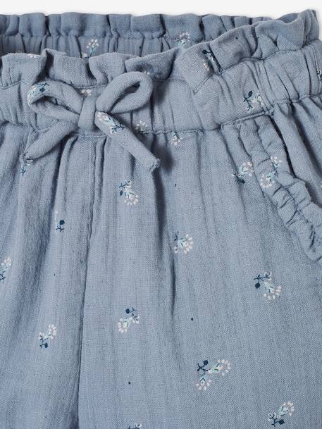 Mädchen 3/4-Hose mit Blumenprint, Musselin blau+blush+weiß bedruckt+wollweiß 