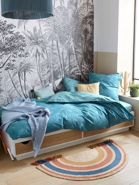 Parure de fourre de duvet + taie d'oreiller enfant PALMIERS bleu vert+terracotta 