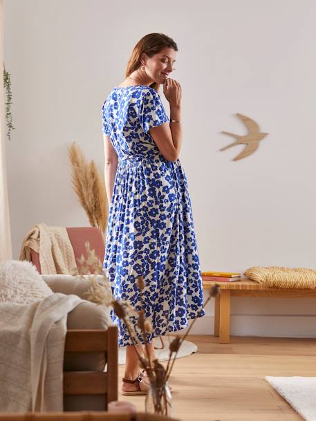 Umstands-Kleid, Blumen-Print und Bindegürtel weiß/blau 
