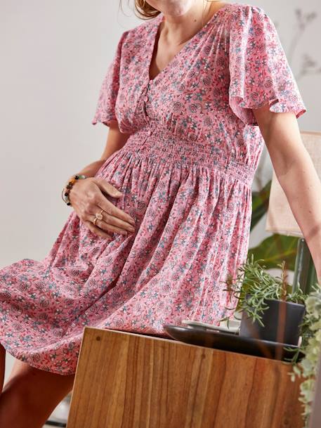Kurzes Kleid für Schwangerschaft und Stillzeit rosa bedruckt+weiss bedruckt 