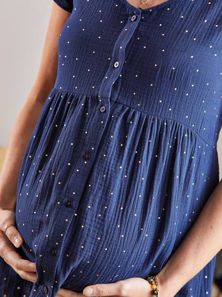 Musselin-Kleid, Schwangerschaft und Stillzeit blau bedruckt+jeansblau+sauge+weiß 