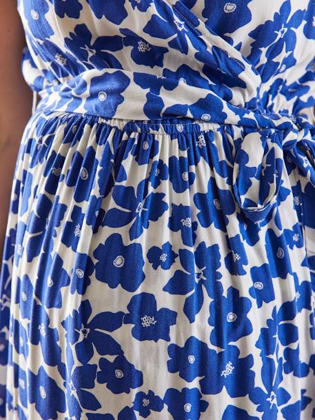 Umstands-Kleid, Blumen-Print und Bindegürtel weiß/blau 