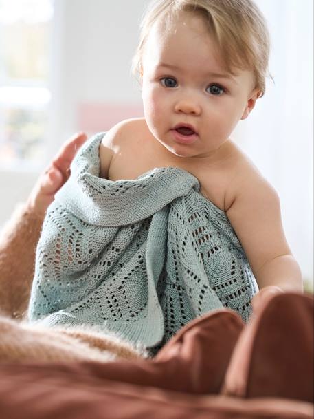 Bio-Kollektion: Baby Decke mit Pointelle-Muster aqua+sandfarben 