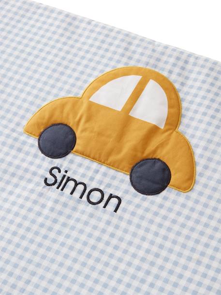Baby Meilenstein-Decke aus Musselin „Simons Auto“, personalisierbar blau 