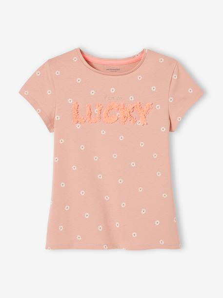 T-shirt imprimé animation relief fille écru+rose poudré+terracotta 