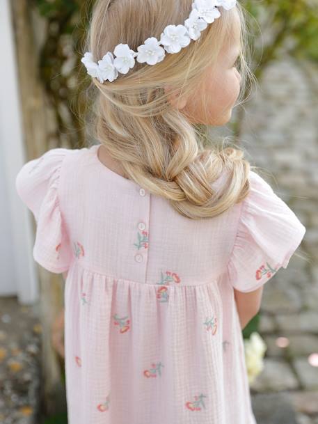 Robe brodée fleurs en gaze de coton fille rose 