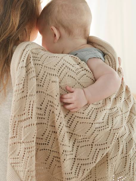 Couverture pointelle en coton sable+vert d'eau 