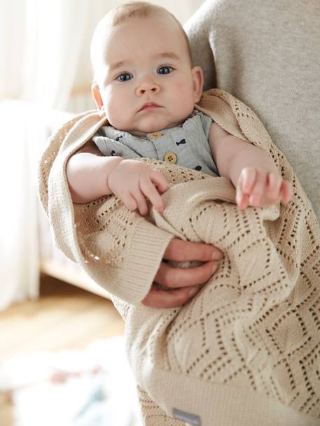 Couverture pointelle en coton sable+vert d'eau 