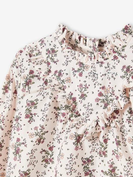 Mädchen Bluse mit Volantkragen, Blumen marine+rosa bedruckt 