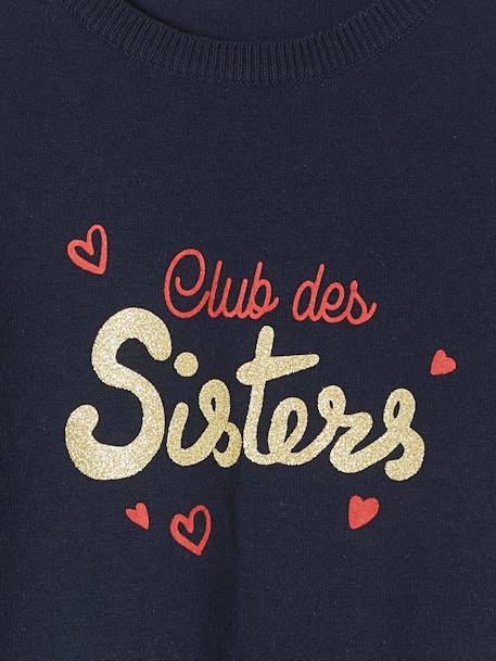 Pull à message Basics fille message irisé en relief marine club des sisters+rose hâlé+vert 
