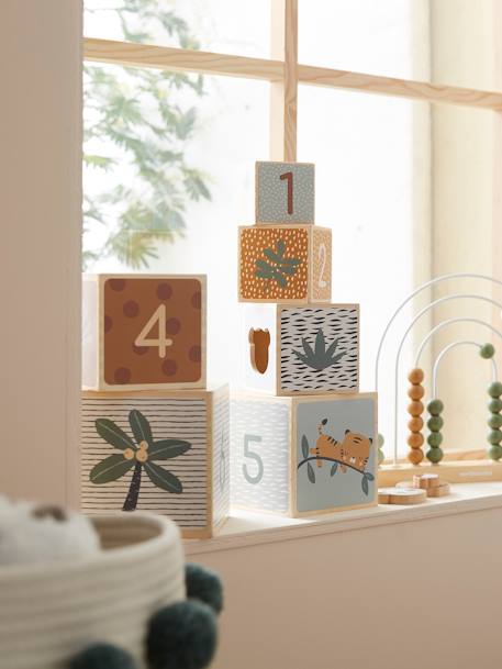 Tour de cubes avec formes à encastrer en bois FSC® beige+Croque la vie+vert 