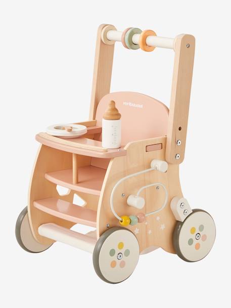 Chariot de marche poussette en bois FSC® rose+vert 