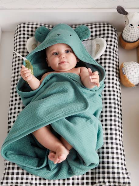 Bio-Kollektion: Baby Kapuzenbadetuch & Waschhandschuh blau+grün+ocker 