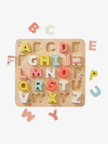 Puzzle lettres à encastrer en bois certifié FSC® multicolore+ROSE CLAIR UNI AVEC DECOR 