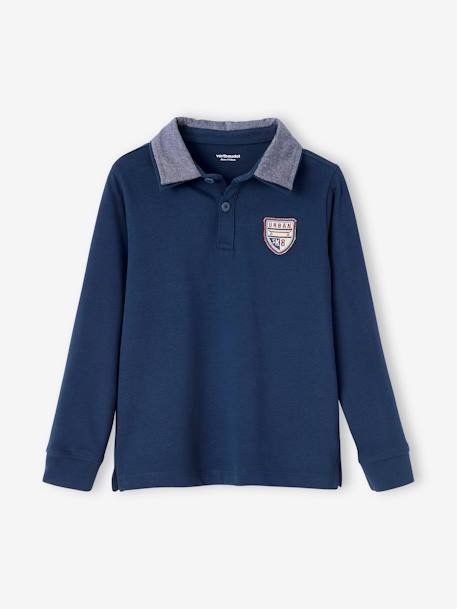 Polo garçon avec badge et col en chambray dark bleu indigo 