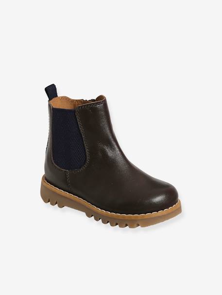 Boots cuir bébé mixte zippés et élastiqués chocolat 