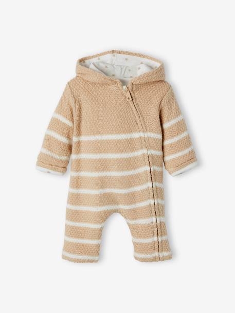 Combinaison en tricot bébé naissance doublée beige+Ivoire rayé 