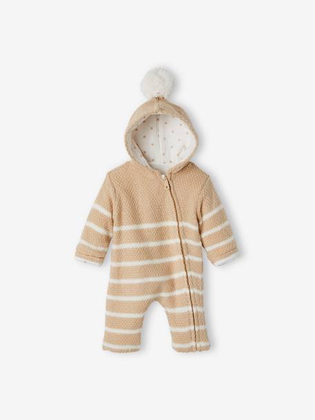 Combinaison en tricot bébé naissance doublée beige+Ivoire rayé 