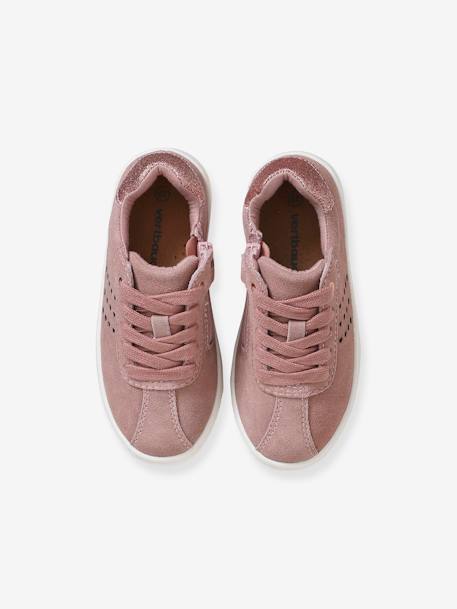 Baskets cuir fille lacées et zippées détails paillettes rose 
