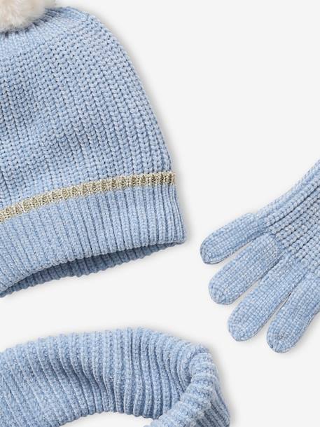 Ensemble bonnet + snood + gants maille chenille fille bleu clair 