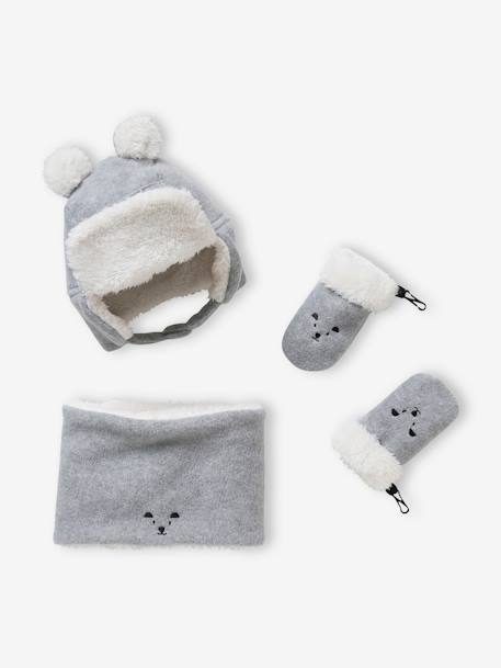 Ensemble ourson chapka + snood + moufles bébé gris clair 