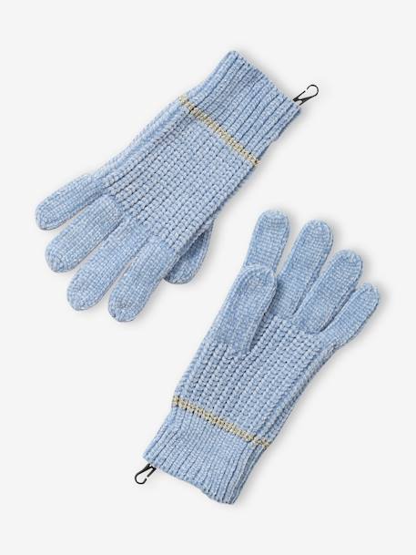 Ensemble bonnet + snood + gants maille chenille fille bleu clair 