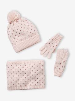 Strickkleidung-Mädchen-Mädchen Set: Mütze, Loopschal & Handschuhe, Herzen BASIC