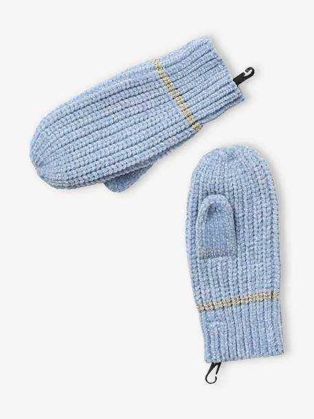 Ensemble bonnet + snood + gants maille chenille fille bleu clair 