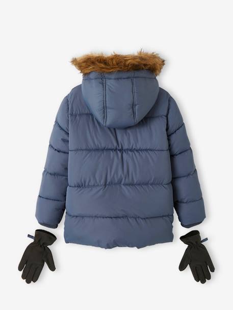 Doudoune à capuche doublée polaire avec gants ou moufles garçon BLEU+MORDORE 
