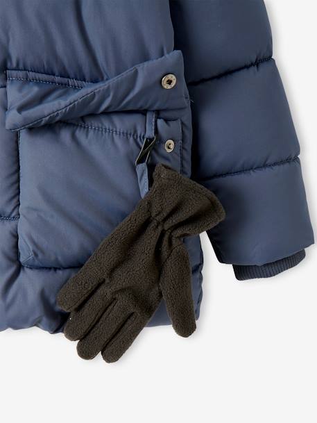 Doudoune à capuche doublée polaire avec gants ou moufles garçon BLEU+MORDORE 