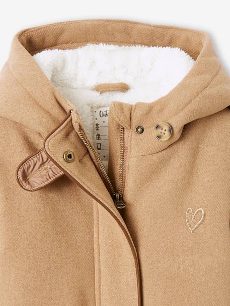Manteau à capuche en drap de laine fille doublé sherpa chamois+vert foncé 
